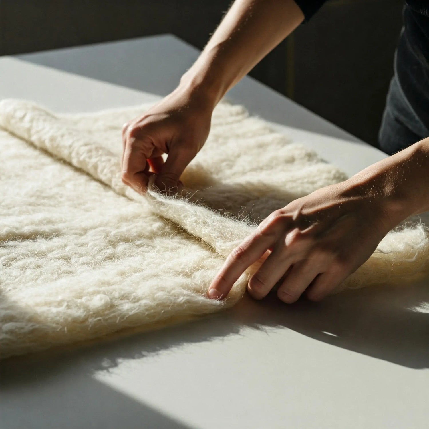 Close-up of hands working with high-quality fabric on a clean table, showing the craftsmanship behind Modoire’s fashion.