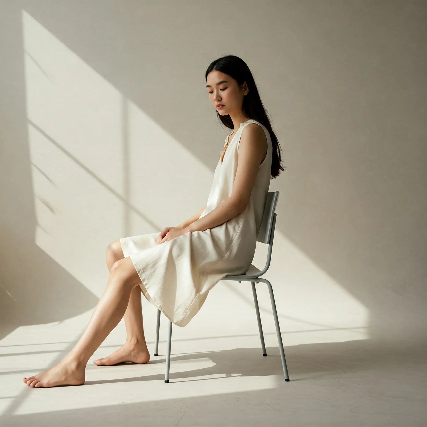 Minimalist studio portrait of a woman in a sleeveless ivory dress sitting calmly on a chair, with soft natural light and gentle shadows creating a serene atmosphere.
