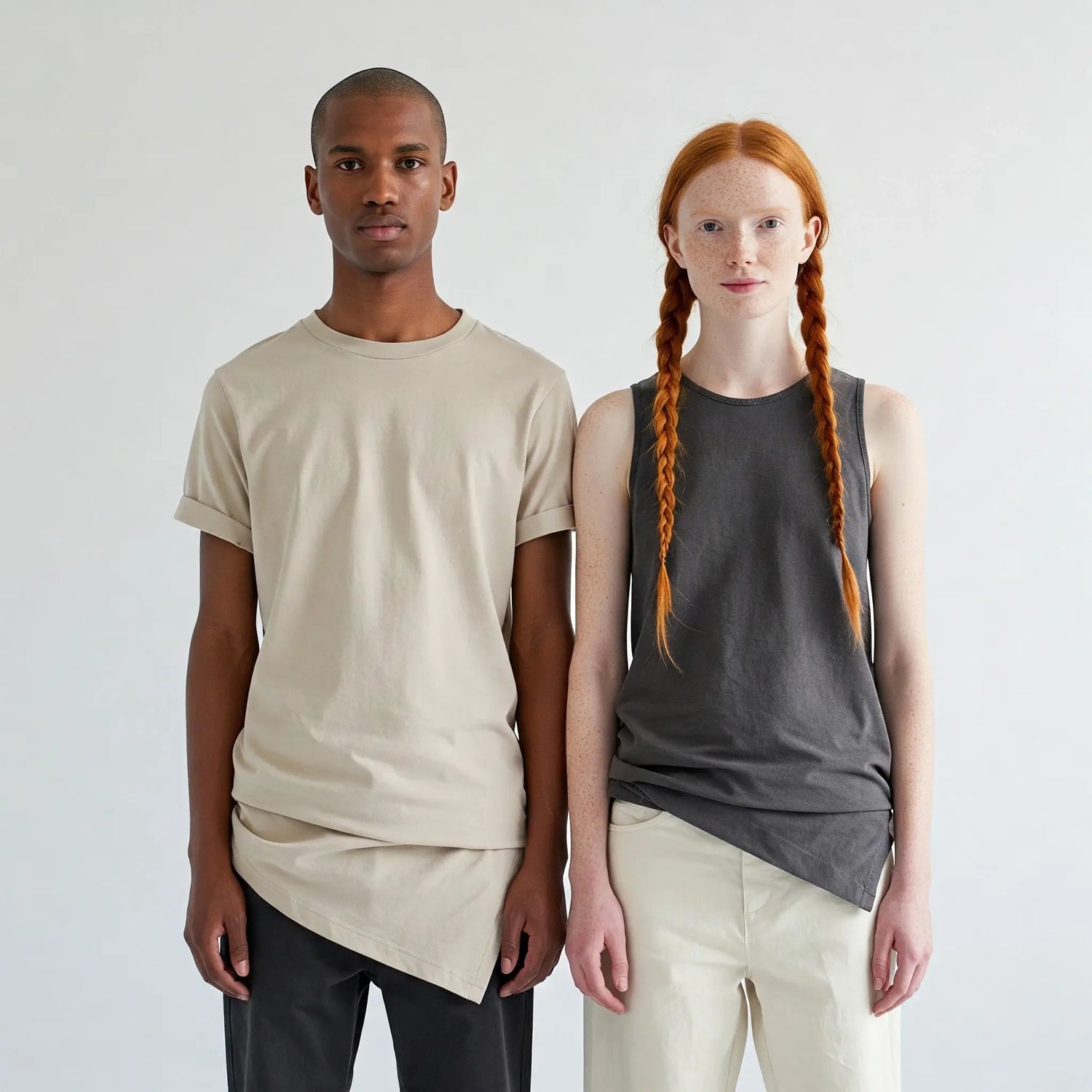 Two unisex models wearing minimalist clothing in neutral tones, standing confidently in a studio setting.